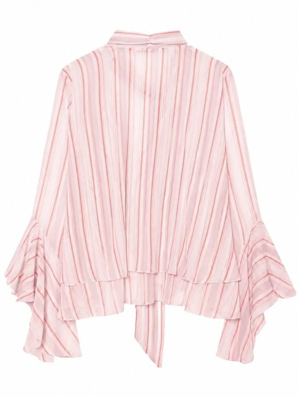 Baby Pink Casual Women's Striped Chiffon Blouse with Ruffle Trim